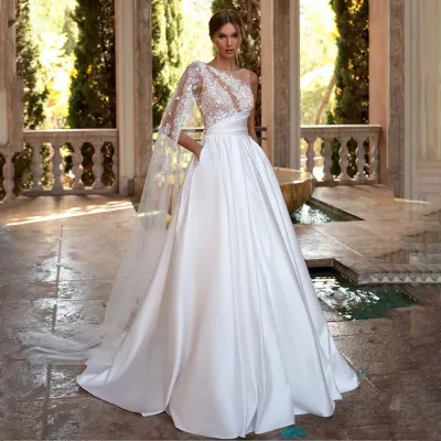 Women Elegant Lace Mesh See-through Flower Solid Color Sweep Length Wedding Evening Dress