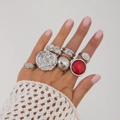 Women Fashion Exaggerated Gem Retro Ring Set Of 7