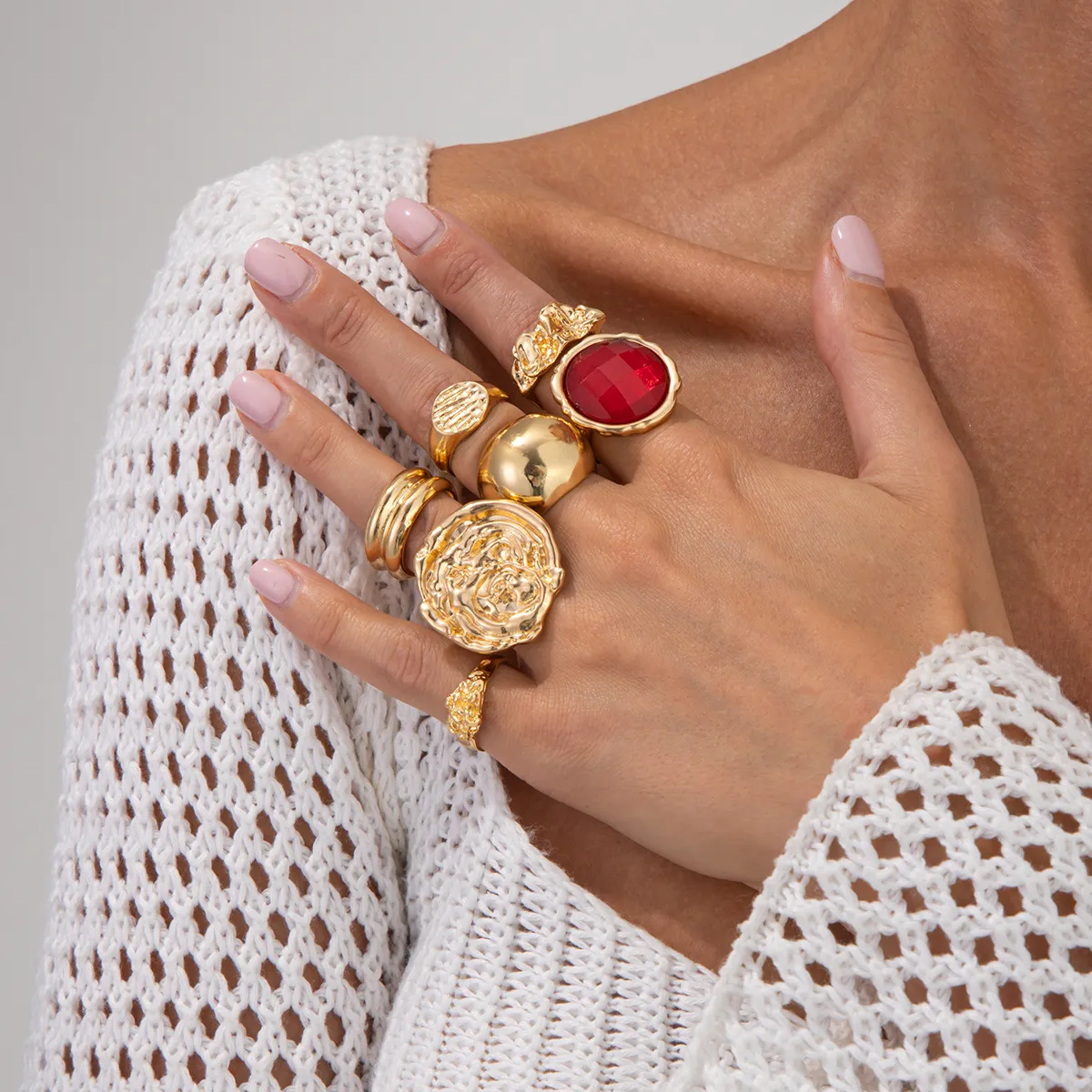 Women Fashion Exaggerated Gem Retro Ring Set Of 7