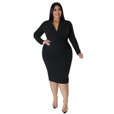 Women Plus Size V-Neck Long Sleeve Zipper Slim Fit Casual Dress