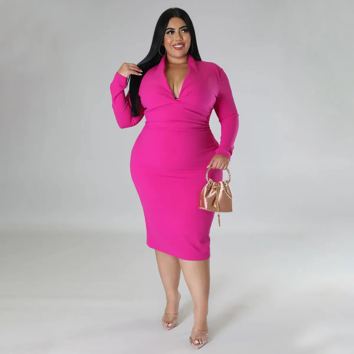 Women Plus Size V-Neck Long Sleeve Zipper Slim Fit Casual Dress