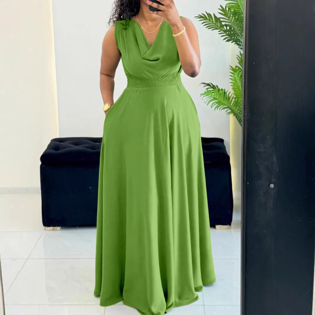 Women Fashion Sexy Plus Size Solid Color Sleeveless Commuter Wind Dress