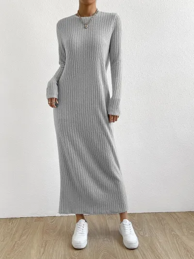 Women Casual Autumn Winter Solid Color Knitted Round Neck Long Sleeve Loose Maxi Dress