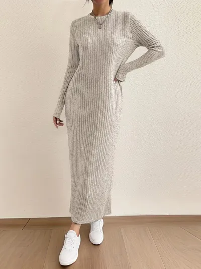 Women Casual Autumn Winter Solid Color Knitted Round Neck Long Sleeve Loose Maxi Dress