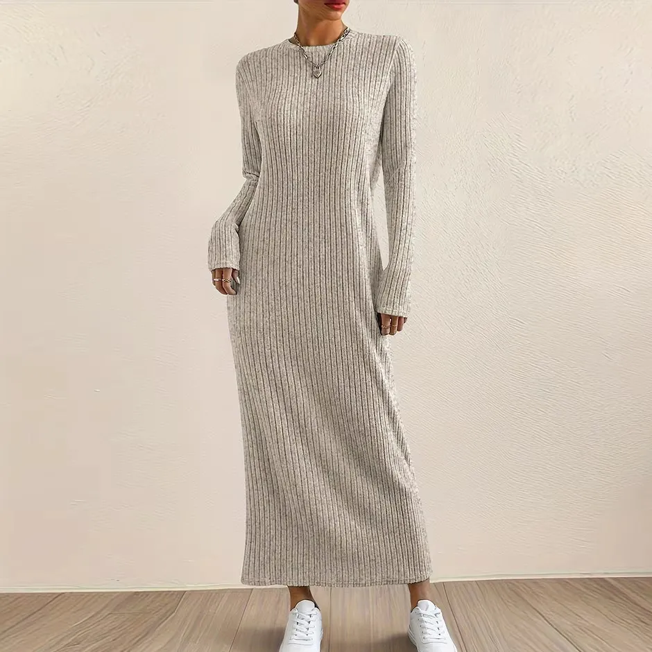 Women Casual Autumn Winter Solid Color Knitted Round Neck Long Sleeve Loose Maxi Dress