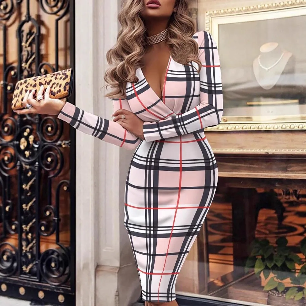 Women Fashion Sexy Printed V-Neck Long Sleeve Slim Fit Midi Dress