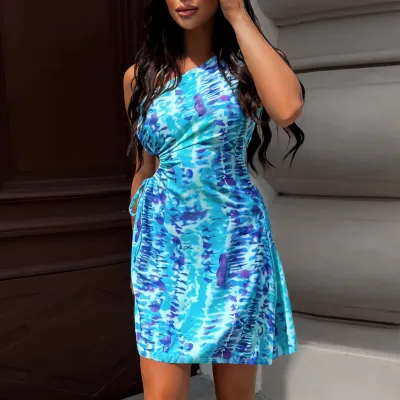 Women Fashion Sexy Printed Slanted Shoulder Sleeveless Drawstring Dress