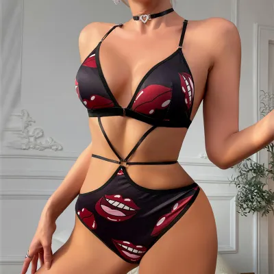 Lencería sexy de una pieza con estampado de labios ahuecados para mujer