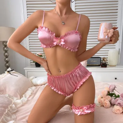 Conjunto de lencería sexy plisada con borde de satén de color liso a la moda para mujer