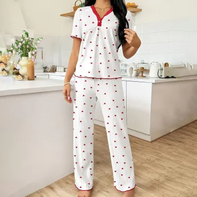 Women Fashion Casual Printed V-Neck Short-Sleeve T-Shirt Wide Legs Pants Pajamas Two-Piece Set