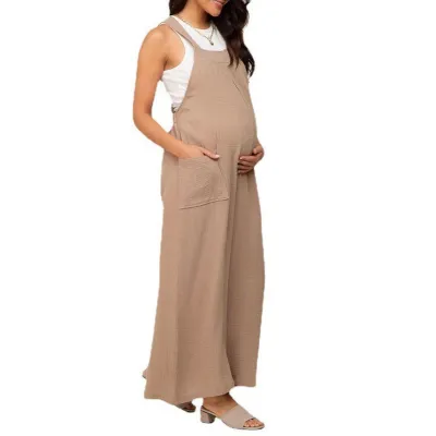 Pregnant Women Casual Solid Color Thin Lace-Up Wide-Leg Pockets Jumpsuits