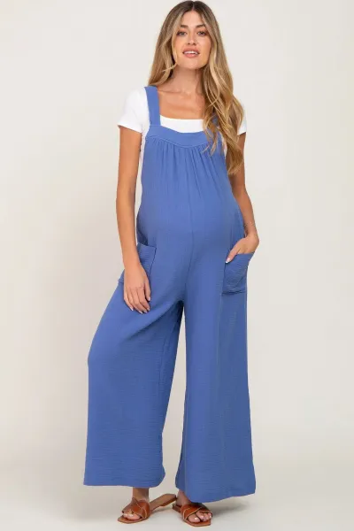 Pregnant Women Casual Solid Color Thin Lace-Up Wide-Leg Pockets Jumpsuits