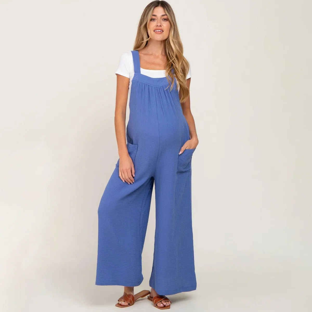 Pregnant Women Casual Solid Color Thin Lace-Up Wide-Leg Pockets Jumpsuits