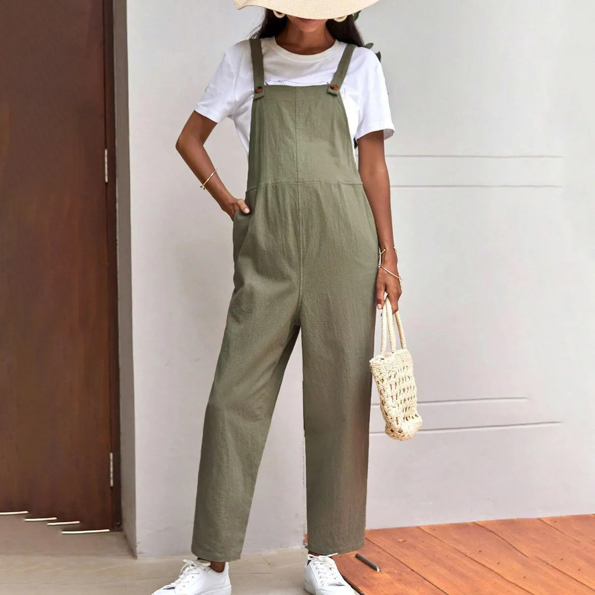 Pregnant Women Fashion Casual Solid Color Pocket Adjustable Loose Jumpsuits