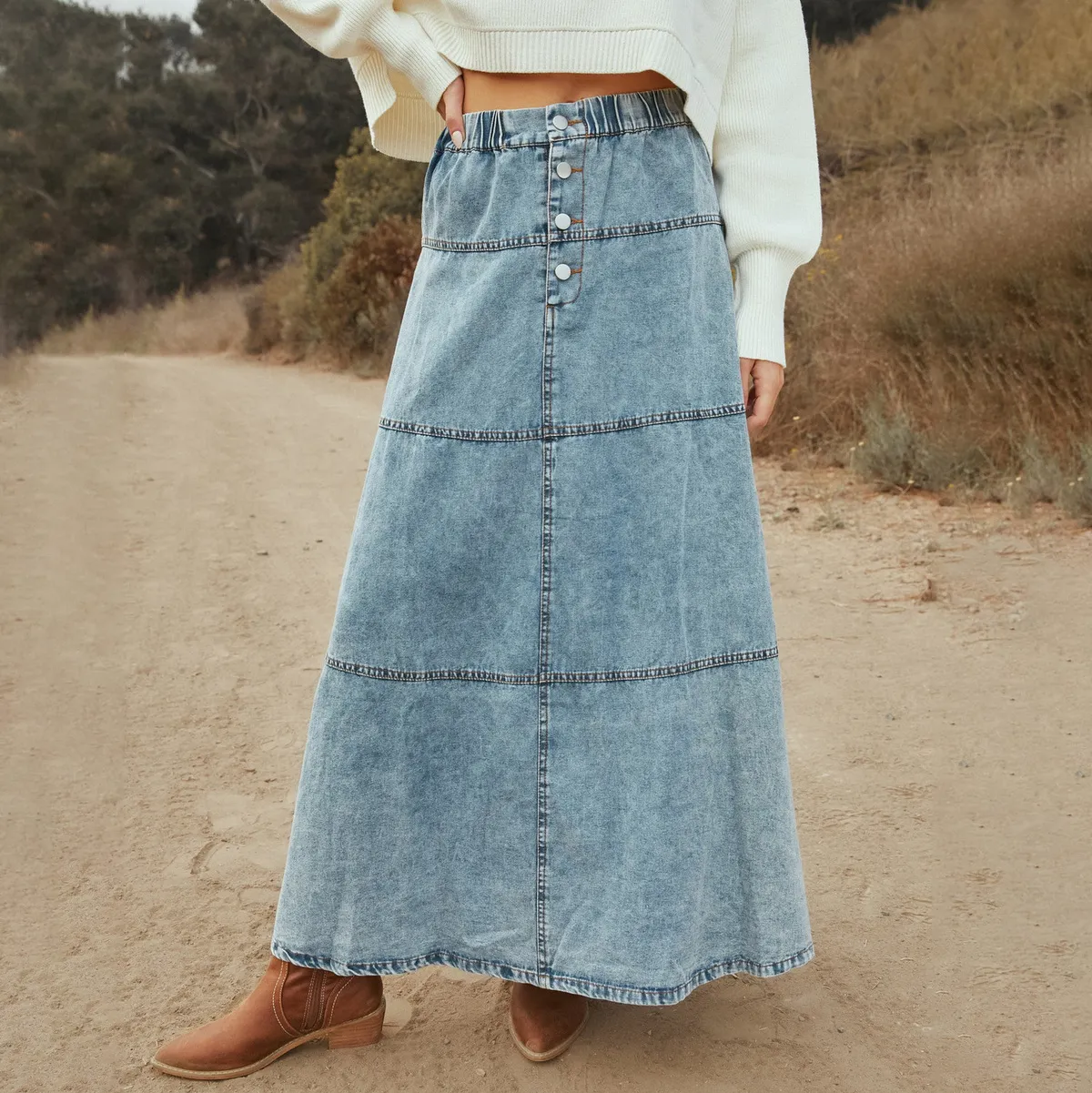 Women Casual Layered Stitching Denim Skirt