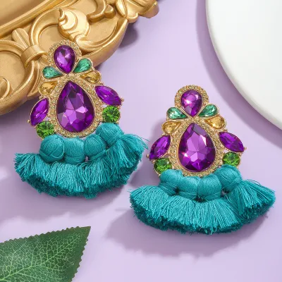 Women Fashion Exaggerated Water Drop Rhinestone Hand-Woven Earrings