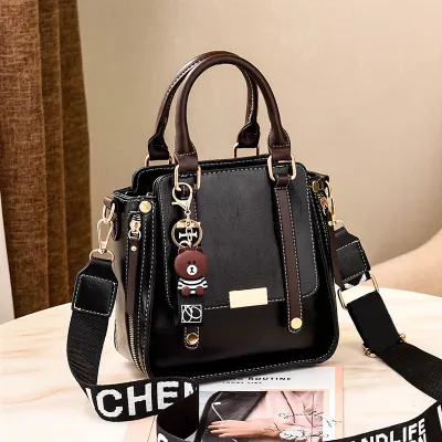 Women Fashion Retro Color Block PU Handbag