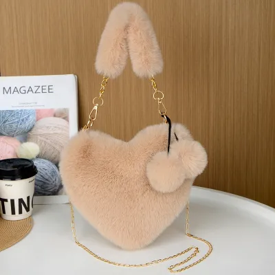 Women's Fashion Casual Solid Color Plush Heart-Shaped Large Capacity Handbag