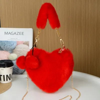 Women's Fashion Casual Solid Color Plush Heart-Shaped Large Capacity Handbag