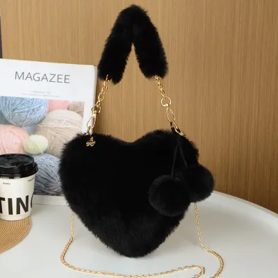 Women Fashion Casual Solid Color Plush Heart-Shaped Large Capacity Handbag