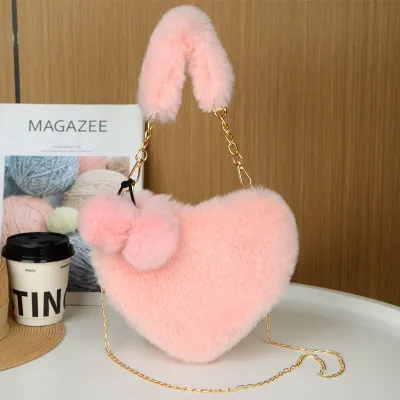 Women's Fashion Casual Solid Color Plush Heart-Shaped Large Capacity Handbag