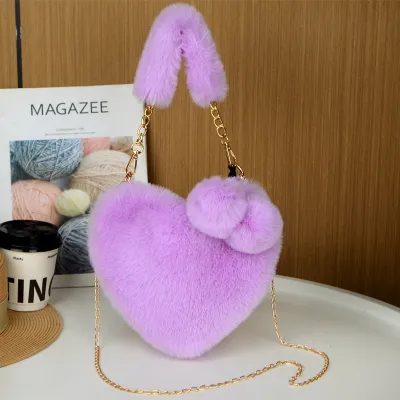 Women's Fashion Casual Solid Color Plush Heart-Shaped Large Capacity Handbag