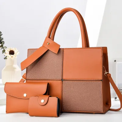 Women Fashion Casual Color Contrast Large Capacity Handbag Three-Piece Bag Set