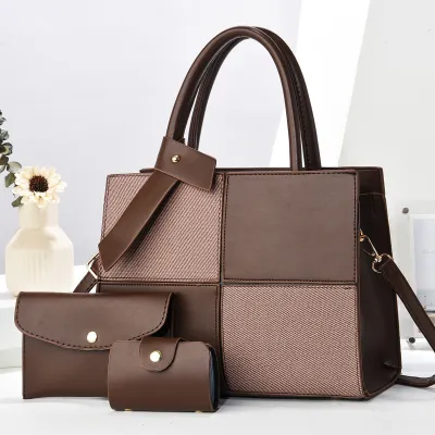 Women Fashion Casual Color Contrast Large Capacity Handbag Three-Piece Bag Set