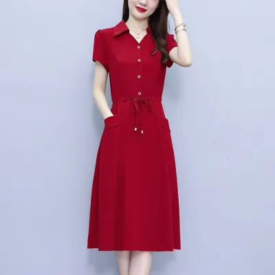 Women Casual Retro Solid Color V-Neck Short-Sleeve Lace-Up Pockets Midi Dress