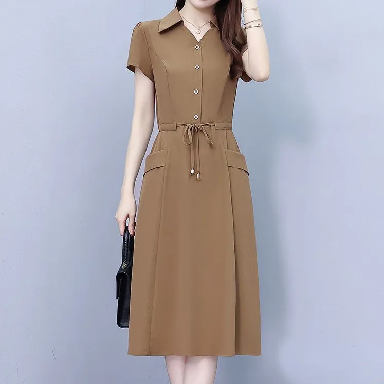 Women Casual Retro Solid Color V-Neck Short-Sleeve Lace-Up Pockets Midi Dress