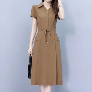 Women Casual Retro Solid Color V-Neck Short-Sleeve Lace-Up Pockets Midi Dress
