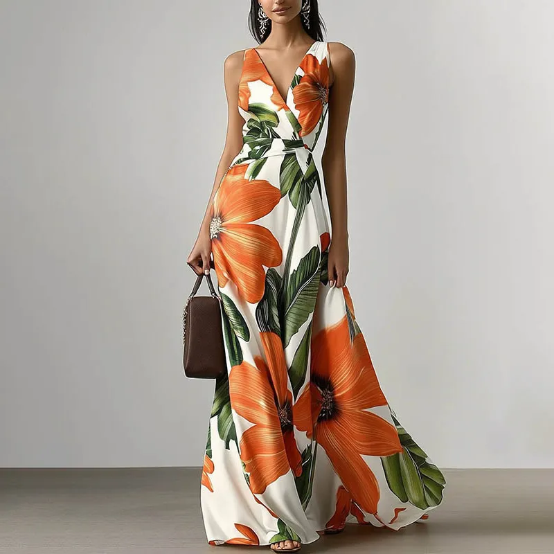 Women Fashion Sexy Floral Printed V-Neck Sleeveless Maxi Dress