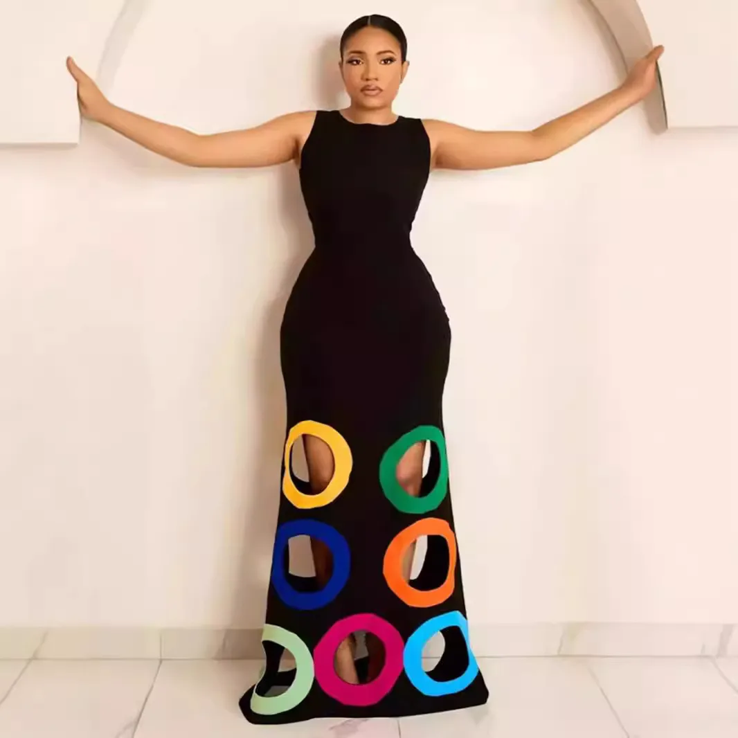 Women Fashion Sexy Round Neck Sleeveless Hollow-Out Slim Fit Maxi Dress