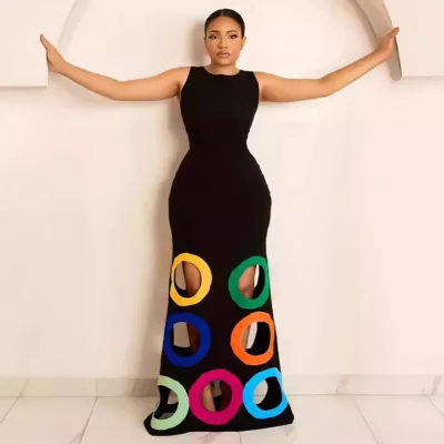 Women Fashion Sexy Round Neck Sleeveless Hollow-Out Slim Fit Maxi Dress