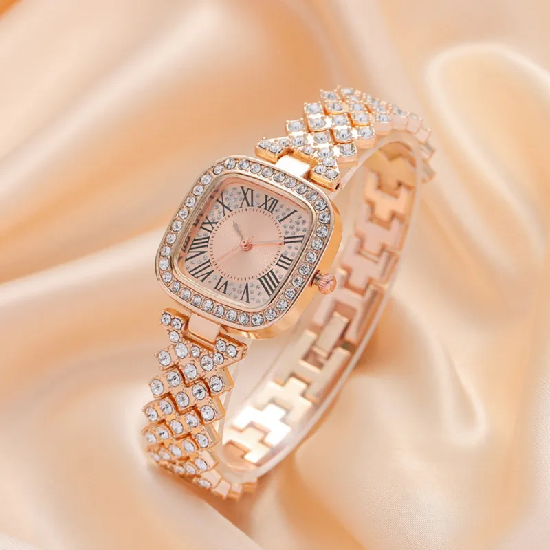 Women Fashion Rhinestone Square Dial Metal Strap Watch