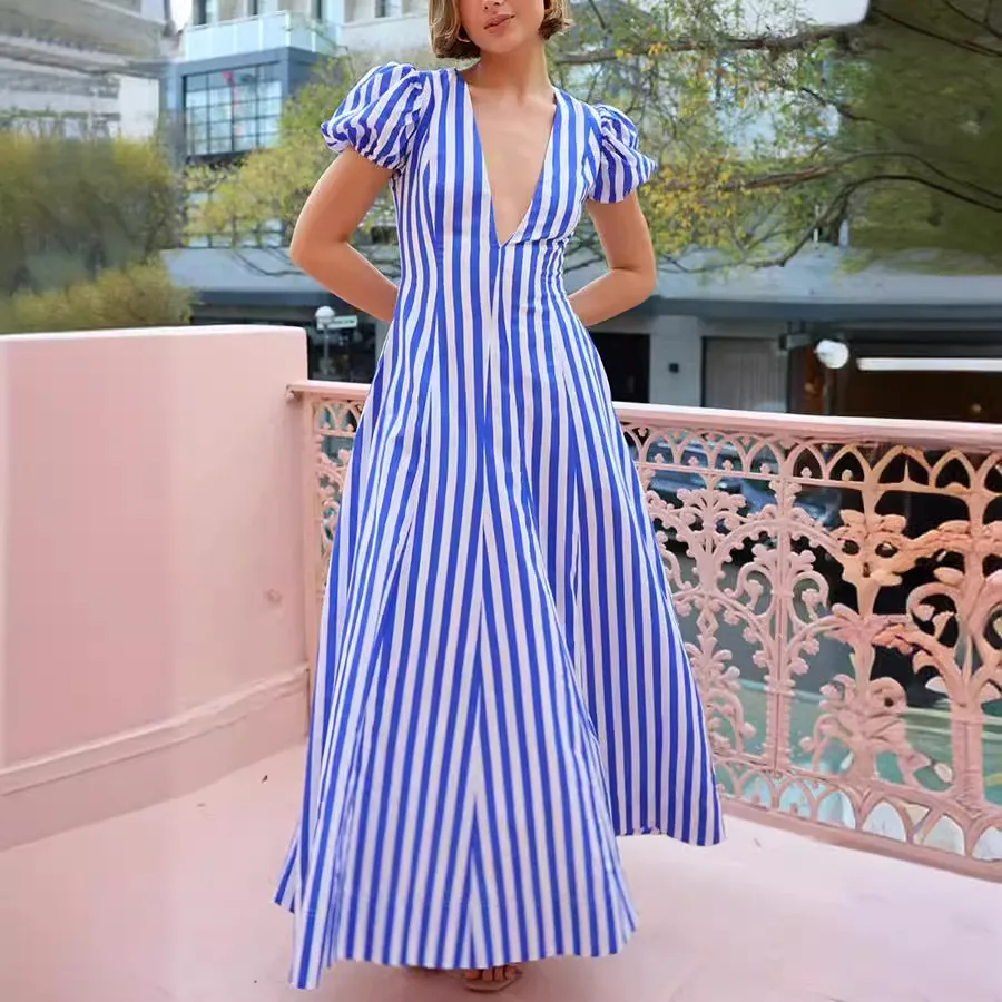 Women Vintage V-Neck Stripe Puff Sleeve Swing Casual Maxi Dress