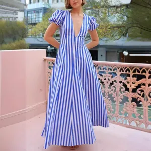 Women Vintage V-Neck Stripe Puff Sleeve Swing Casual Maxi Dress