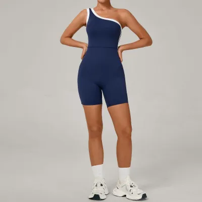 Contrast Color Oblique Single Shoulder Strap Yoga Rompers