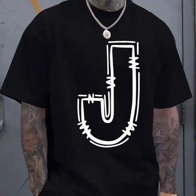 MenS Fashion Casual J Letter Printed Breathable Short-Sleeve Loose T-Shirt