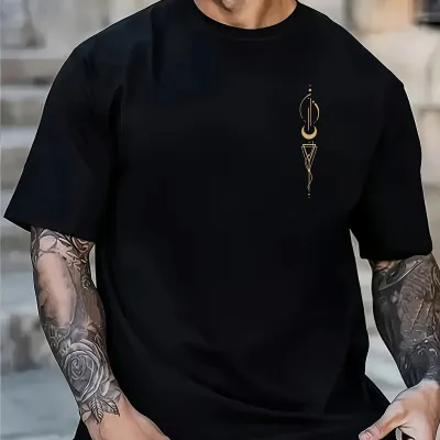 Men Fashion Casual Geometric Pattern Printed Round Neck Short-Sleeve Loose T-Shirt