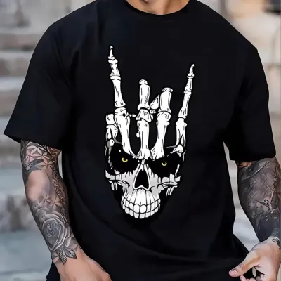 Men Fashion Casual Skull Handprint Round-Neck Short-Sleeve T-Shirt