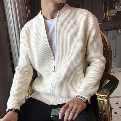 Men Fashion Casual Autumn Winter Knitted Solid Color Long-Sleeve Zipper Cardigan