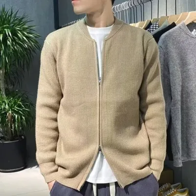 Men Fashion Casual Autumn Winter Knitted Solid Color Long-Sleeve Zipper Cardigan