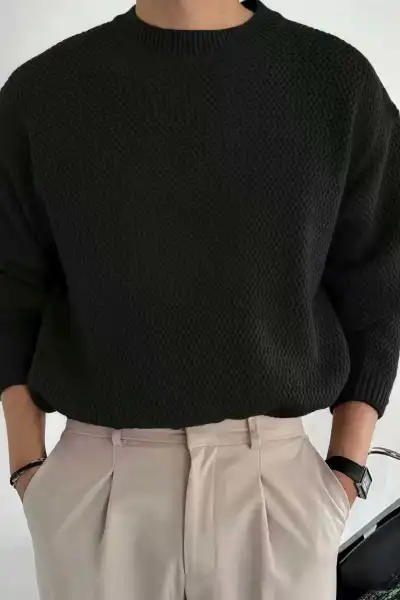 Men Fashion Casual Winter Solid Color Knitted Long Sleeve Loose Pullover Sweater