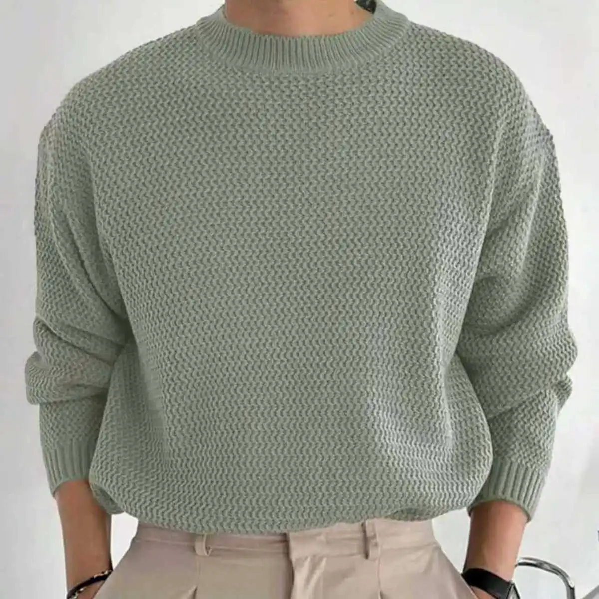 Men Fashion Casual Winter Solid Color Knitted Long Sleeve Loose Pullover Sweater