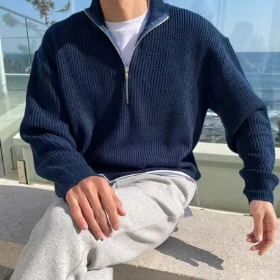 Men Fashion Casual Autumn And Winter Solid Color Knitted Half Zipper Long-Sleeve Pullover Sweater