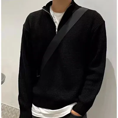 Men Fashion Casual Autumn And Winter Solid Color Knitted Half Zipper Long-Sleeve Pullover Sweater