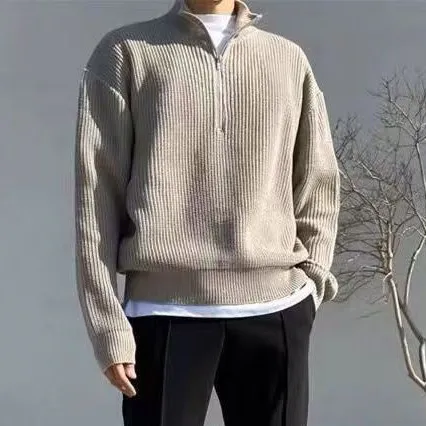 Men Fashion Casual Autumn And Winter Solid Color Knitted Half Zipper Long-Sleeve Pullover Sweater