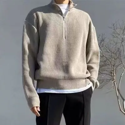 Men Fashion Casual Autumn And Winter Solid Color Knitted Half Zipper Long-Sleeve Sweater