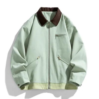 Men Fashion Casual Autumn Contrast Color Lapel Long-Sleeve Zipper Loose Jacket